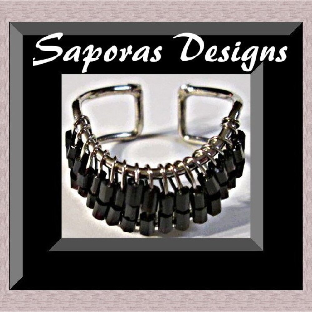 Silver Tone Handmade Ring Size 8.5 With Black Beads Native Ethnic Tribal Design
